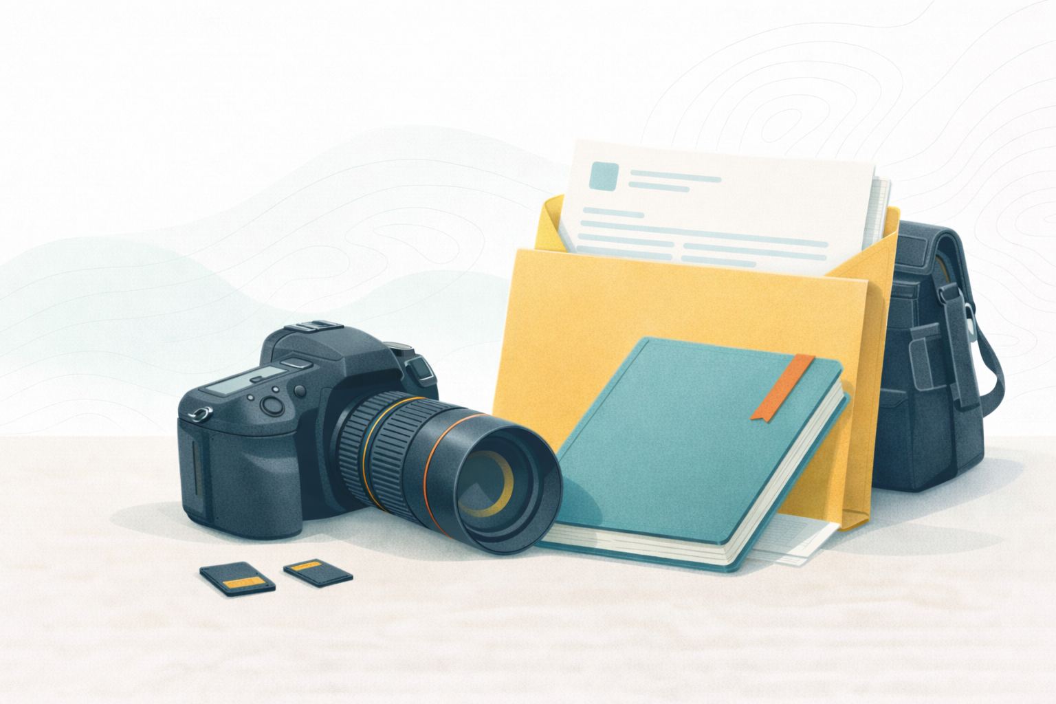 A camera and a folder of documents including a photography business license.