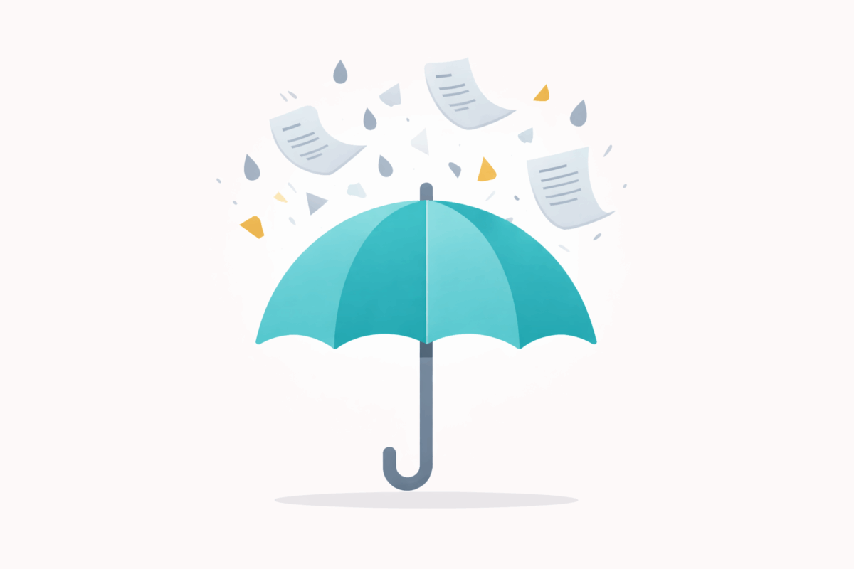 What is an Umbrella Insurance Policy shown with an umbrella and papers falling like rain.